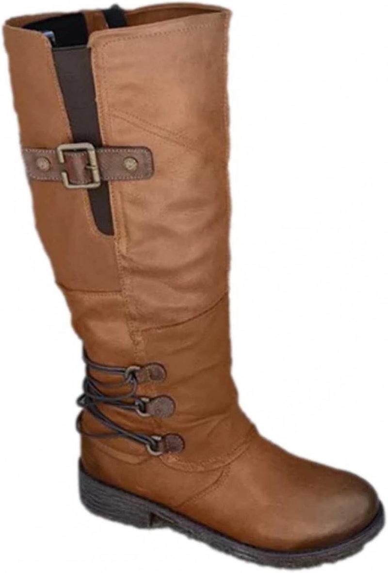 woobles Women's Vintage Leather Zipper High Snow Boots, Fashion Large Size Boots Women Autumn Long Tube Zipper Low Heeled Shoes Boots Pointed Boots Knight Boots - Image 4